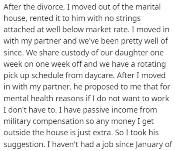 OP shares custody of her daughter with her ex-husband