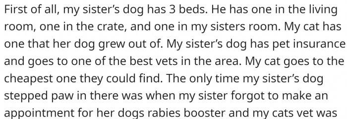 OP believes her cat is being wronged—she receives only average care, while the dog gets all high-quality items.