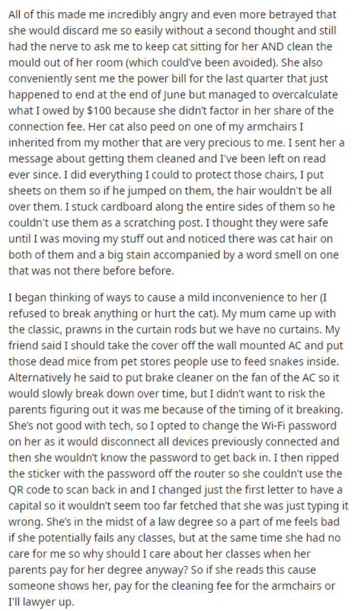 OP explains how the entire situation upset her, leading her to think of ways to get some revenge without going too far.