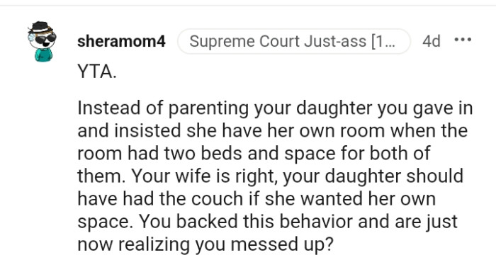 The OP's daughter should have had the couch if she wanted her own space