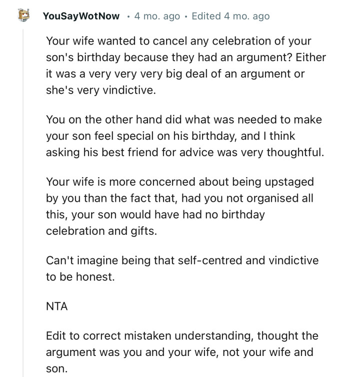 “NTA… Can't imagine being that self-centered and vindictive, to be honest.”