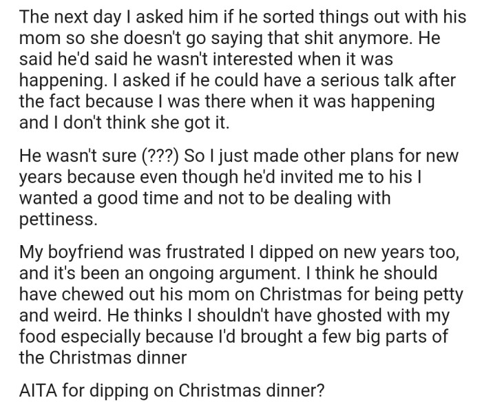 OP also ghosted on New Year's since her boyfriend couldn't give her any assurance that his mom wouldn't repeat such behavior again