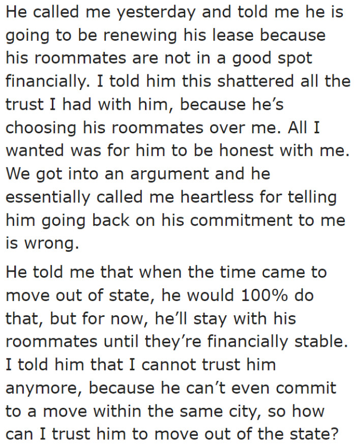 But when the original poster's (OP's) boyfriend called and told her that he would renew his lease, she felt disappointed.