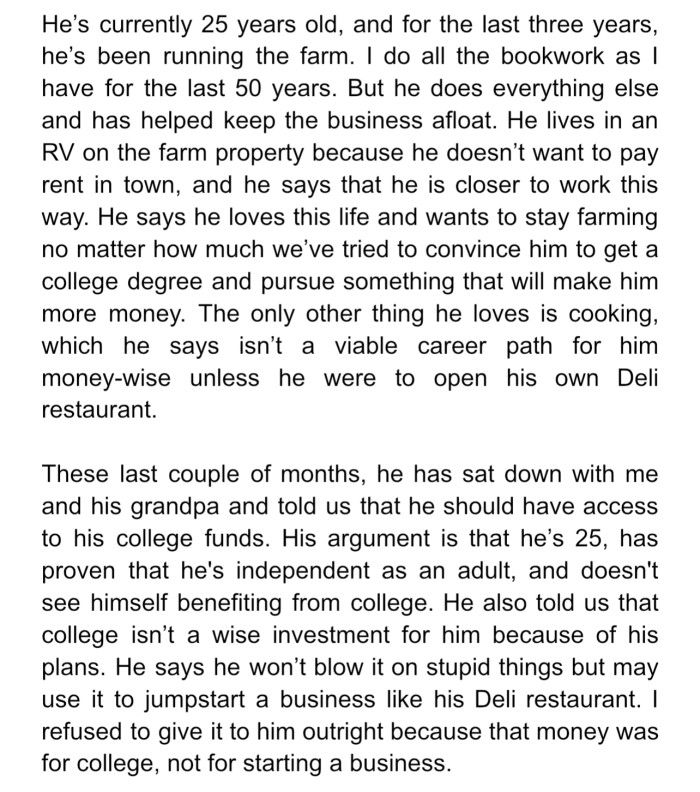 At 25 years old, OP’s grandson wants to take the next step in his life. He requested that OP release his college fund inheritance to him so that he can start a business.
