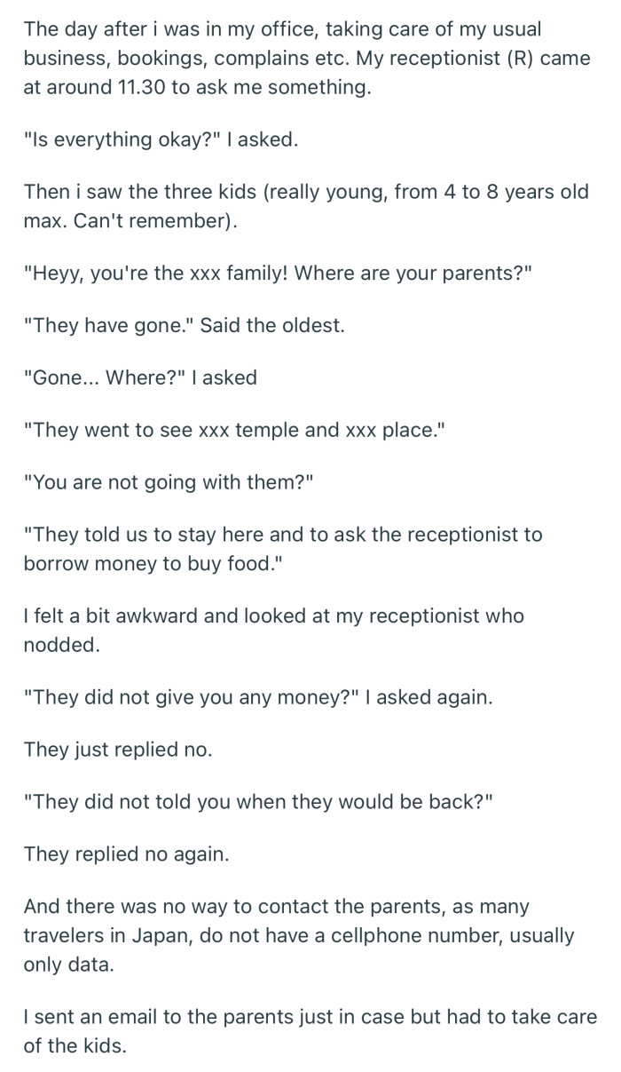 The next day, OP was shocked to find out that the parents abandoned their kids to go sightseeing — no money for food, no nothing!