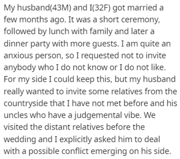 OP and her husband got married a few months ago and the one thing OP cared about the most was the absence of unusual characters