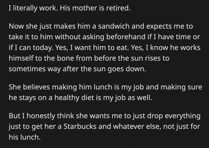 Her MIL's solution is to make a sandwich for her son every day and expect OP to deliver it for her