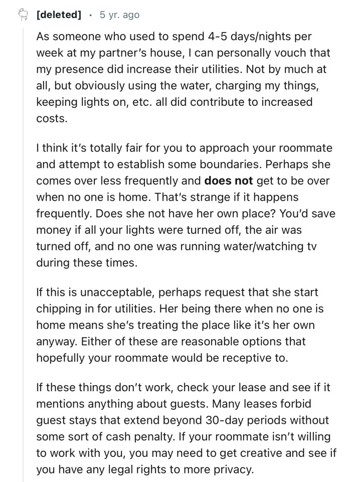 “I think it’s totally fair for you to approach your roommate and attempt to establish some boundaries.”