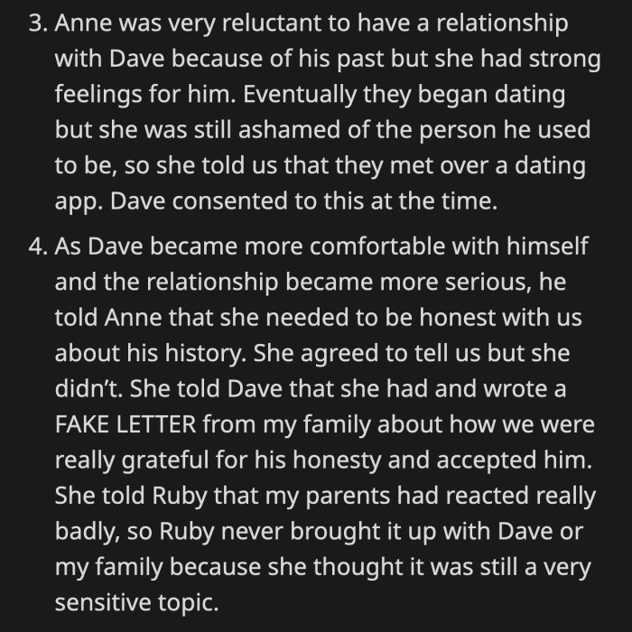 Anne made Dave hide his past when they began dating. She made a fake letter from OP's parents about how they fully accepted him when the relationship progressed.