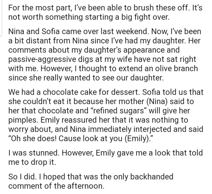 OP's Sister and Niece Came Over, and Right in Their House, Their Sister Took a Dig at Their Wife During Dessert