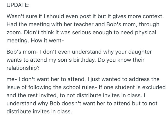 OP returned with an Update for more context on the matter. Apparently, she and Bob’s parents discussed via a zoom meeting
