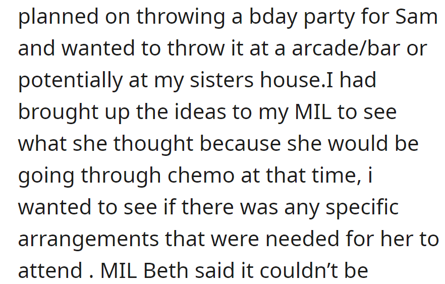 OP is planning her fiancé's birthday at an arcade or her sister's house, which she brought up to her MIL.