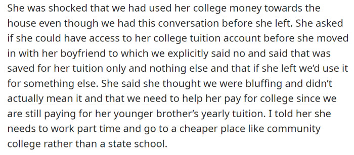 But now she wants to continue her education and is asking for it:
