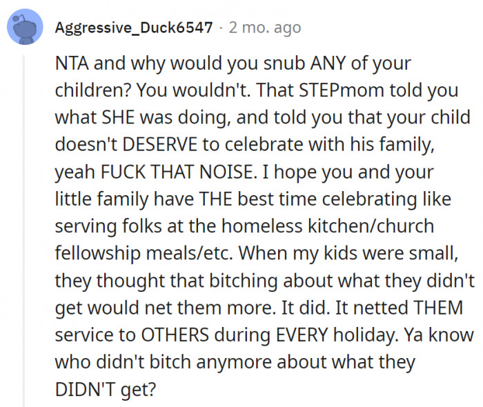 16. OP and her son deserve a better holiday than what they were offering.