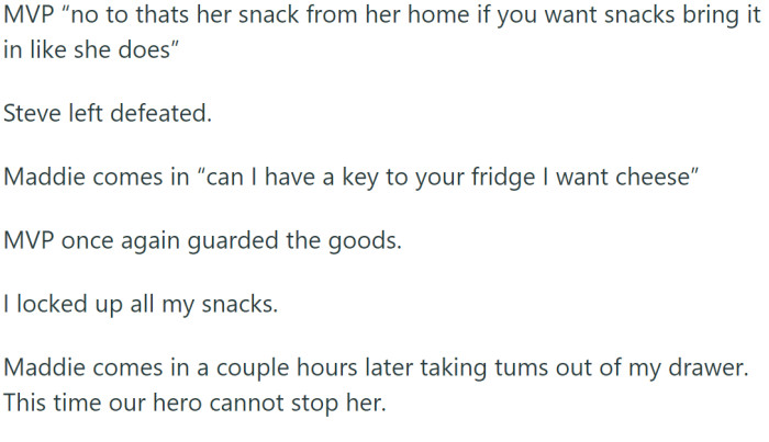 Maddie asked for a key to OP's fridge, but the office mate guarded the goods.