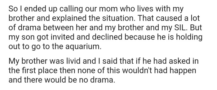 OP got upset and decided to involve their mother, who lives with their brother. Now the family is at loggerheads with each other.