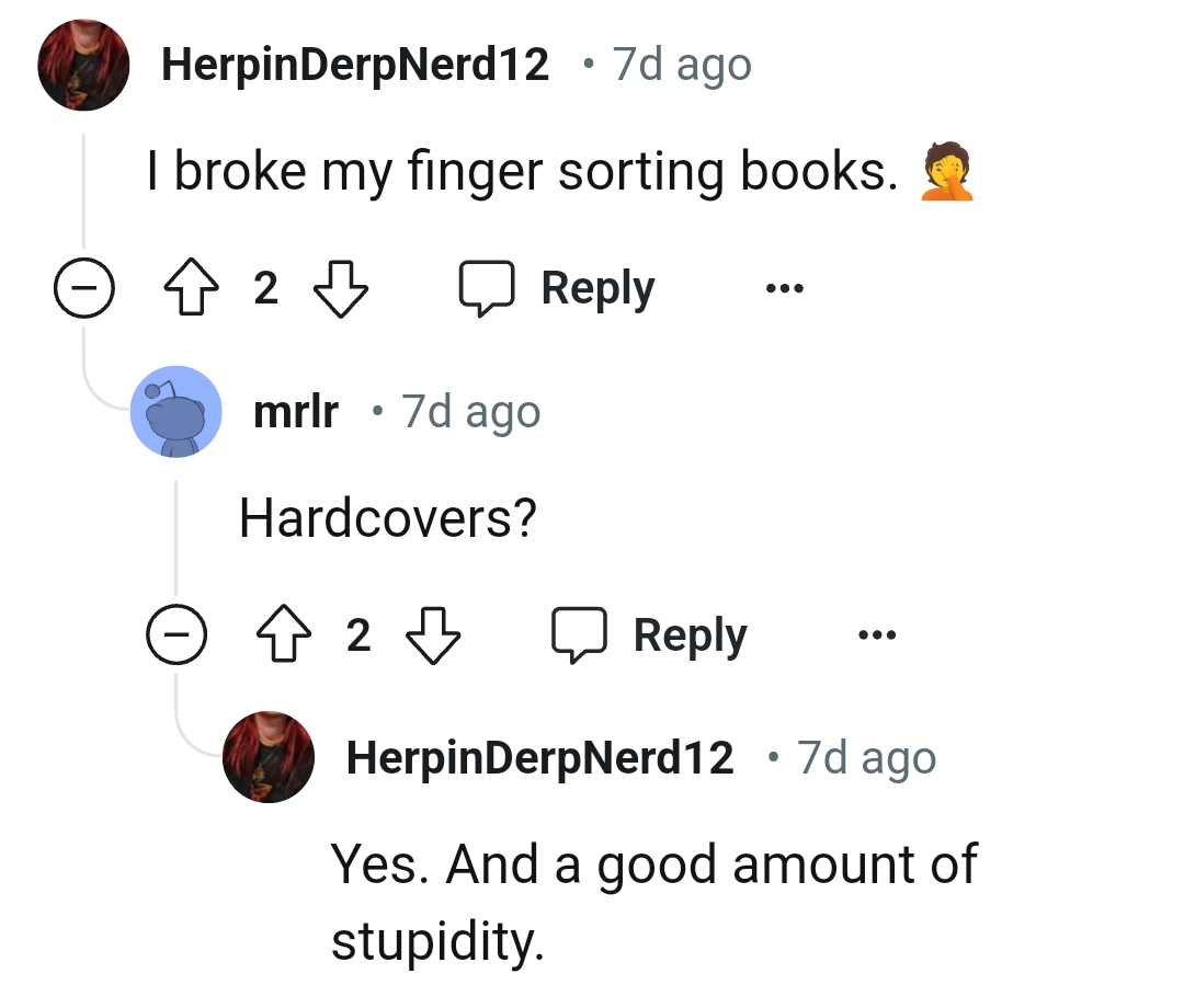 Breaking one's finger while sorting books