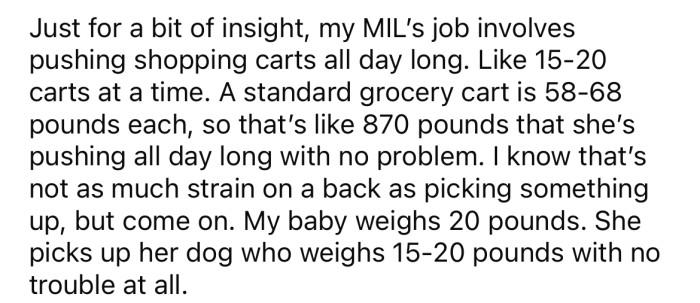 MIL Says She Can't Pick Up the Baby Because of Her 