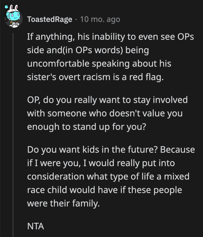 These comments must at least alarm OP about her boyfriend's obvious biases, right?