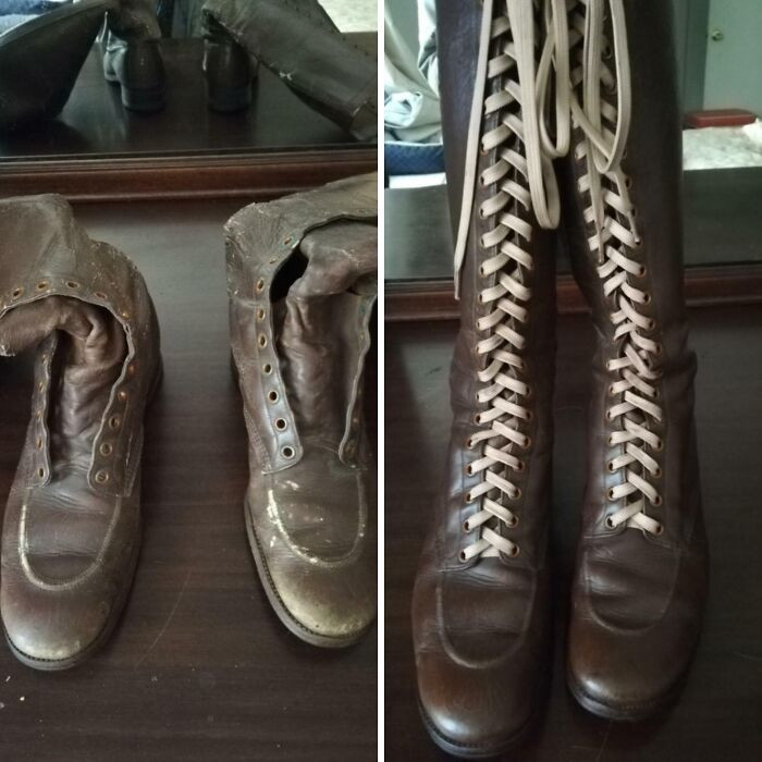 "1940s Ladies Boots Before And After Polishing And New Laces"