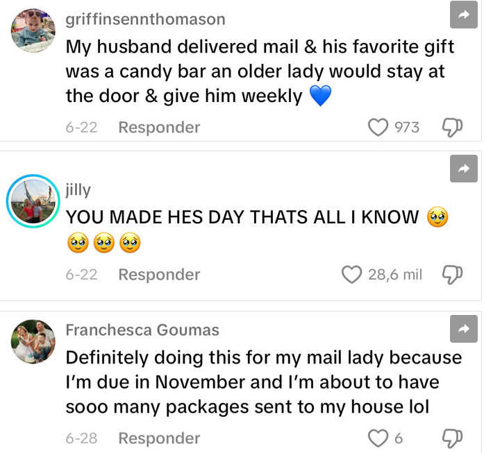 Tori's gesture received widespread appreciation, and many shared similar positive encounters they’ve had with their mail carriers.