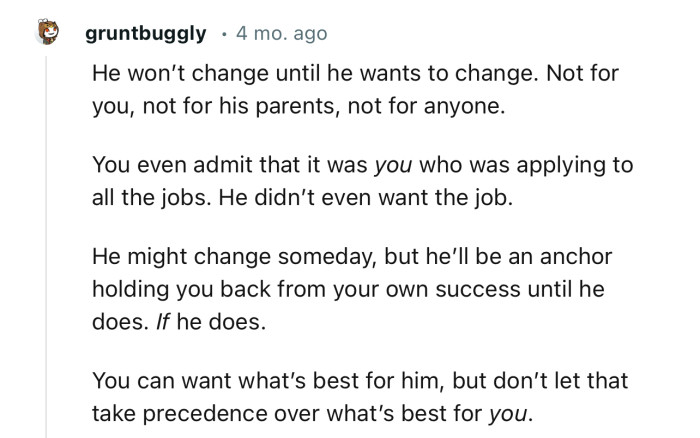 “You can want what’s best for him, but don’t let that take precedence over what’s best for you.“