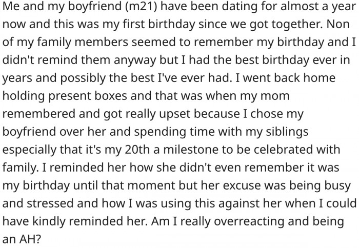 Did she do wrong to not celebrate her birthday with her family? Reddit responds.