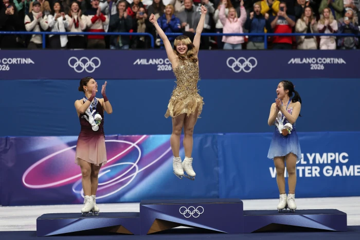 Alysa Liu competing on ice, celebrating historic U.S. women’s figure skating gold