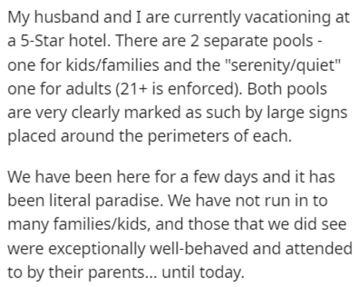 OP and her husband are on a vacation at a 5-star hotel