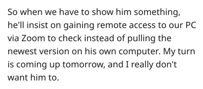 2. The manager insists on remote access to the employee's PCs via Zoom instead of checking the latest project version on his own computer.