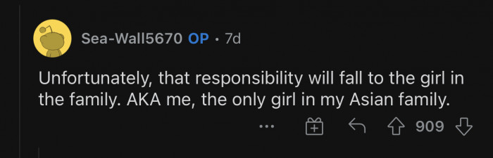 OP is the only girl in her Asian family.