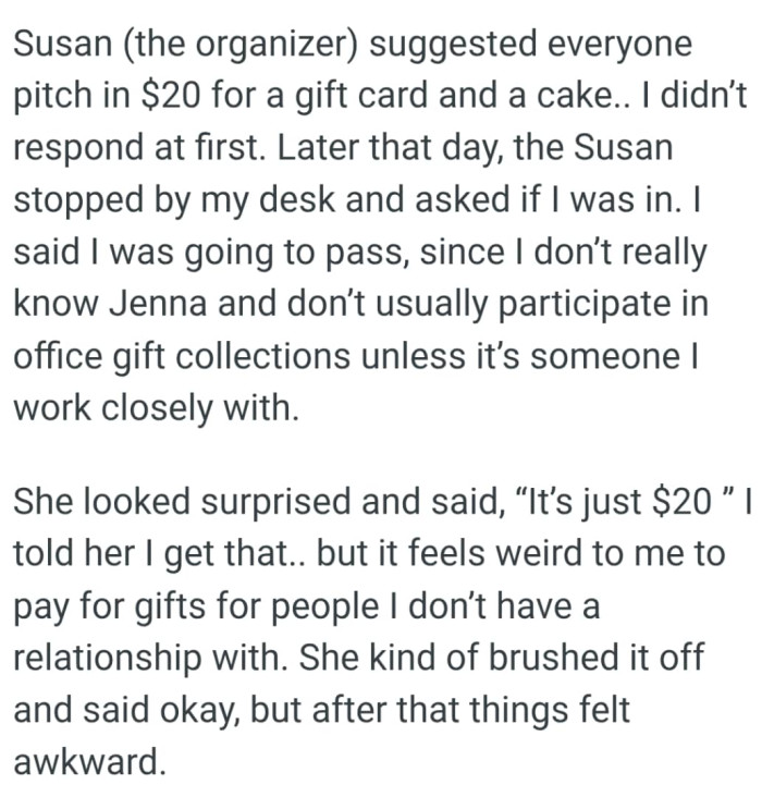 It feels weird to the OP to pay for gifts for people he doesn’t have a relationship with
