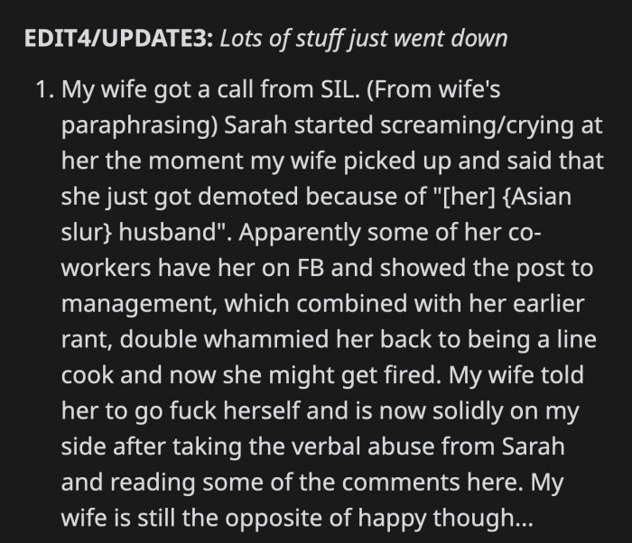 Sarah doubled down on her racism and called OP's wife to say some more slurs against OP. The good thing is, OP's wife is no longer worried about keeping the peace.