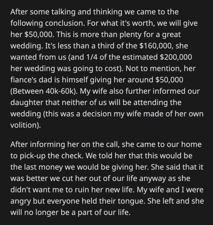 They agreed to give their daughter $50,000 to pay for her wedding, but they won't be attending. She was fine with that and said she didn't want them to ruin her new life anyway.