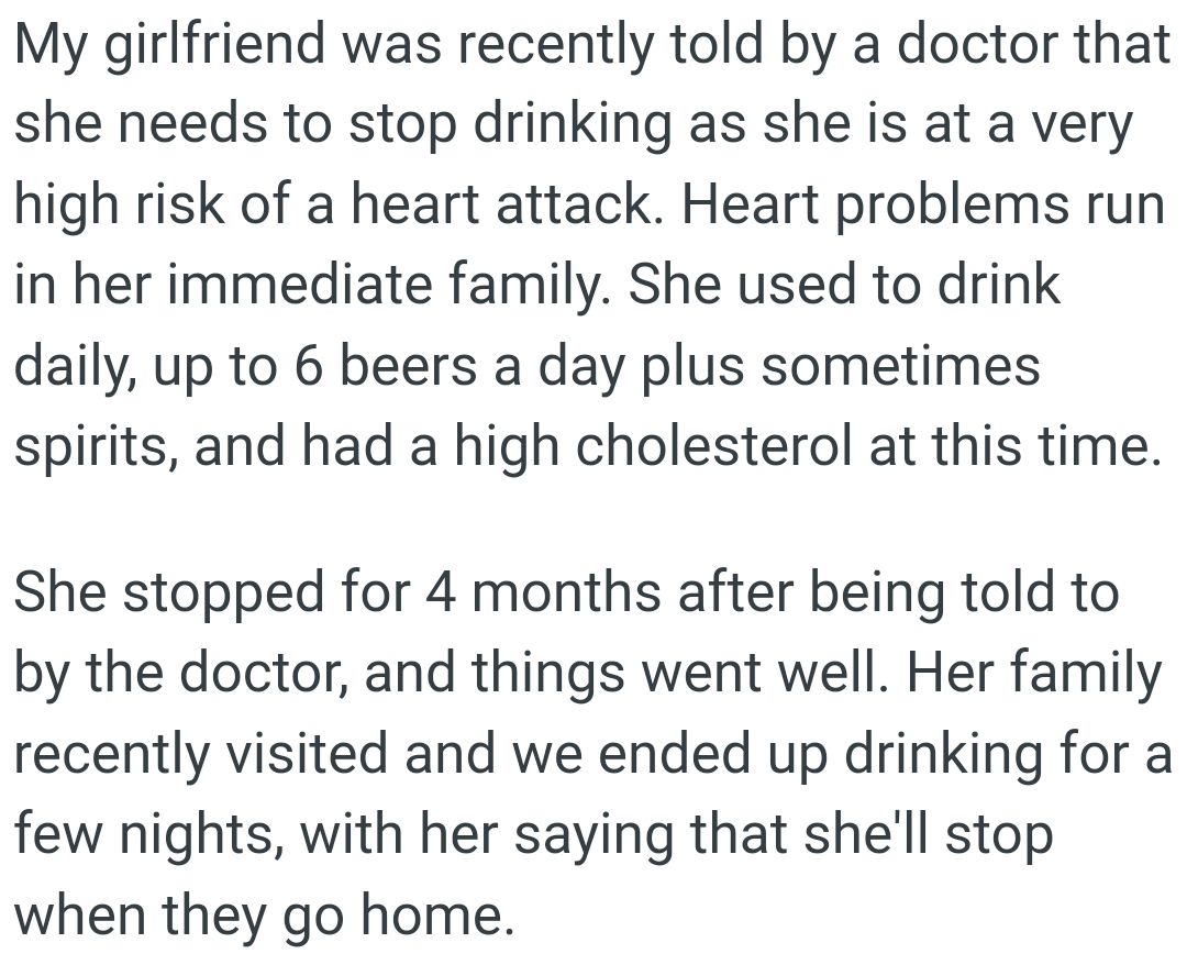OP's GF used to drink daily, up to 6 beers a day