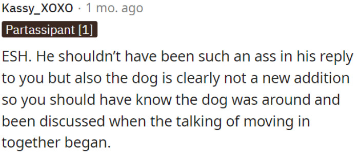 They should have discussed the dog's presence before they planned to move in together.