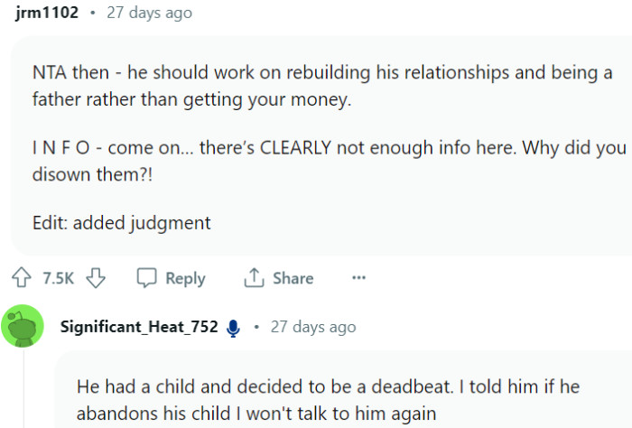 If he abandons his child I won't talk to him again