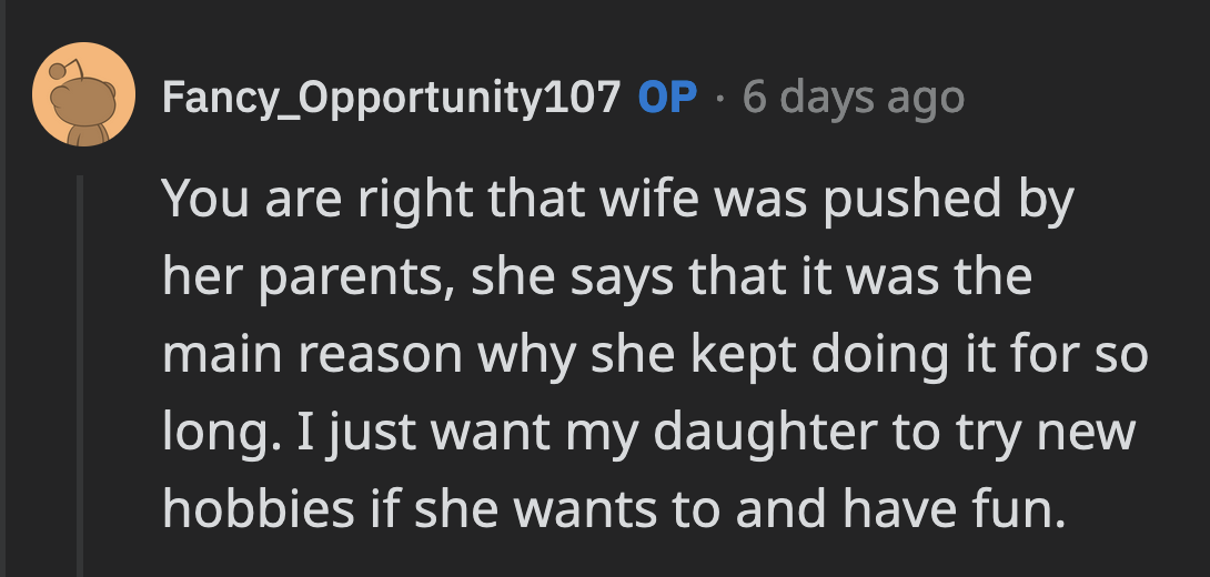 OP said his in-laws were primarily the reason why his wife stayed with the sport even when it stopped being fun.