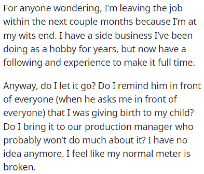 OP Turned to Reddit for Advice on Handling This Situation Since She Plans on Quitting Her Job Soon