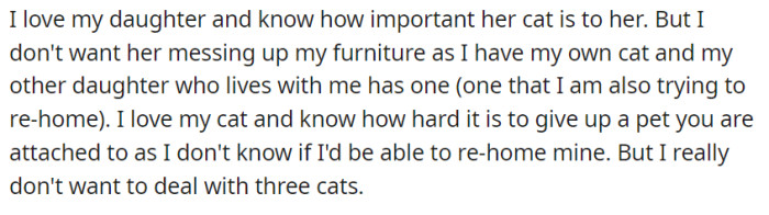 Balancing love and practicality, OP understood the significance of her daughter's cat to her, yet she also had concerns about potential furniture damage and managing multiple feline companions. While empathizing with the difficulty of giving up a beloved pet, you acknowledge your own limits and desire to avoid the responsibility of accommodating three cats in your home.