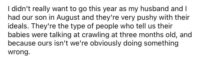 She says she was hesitant to visit them this year because they can be very pushy with their parenting ideals, and her FIL had made comments about her breastfeeding in the past.