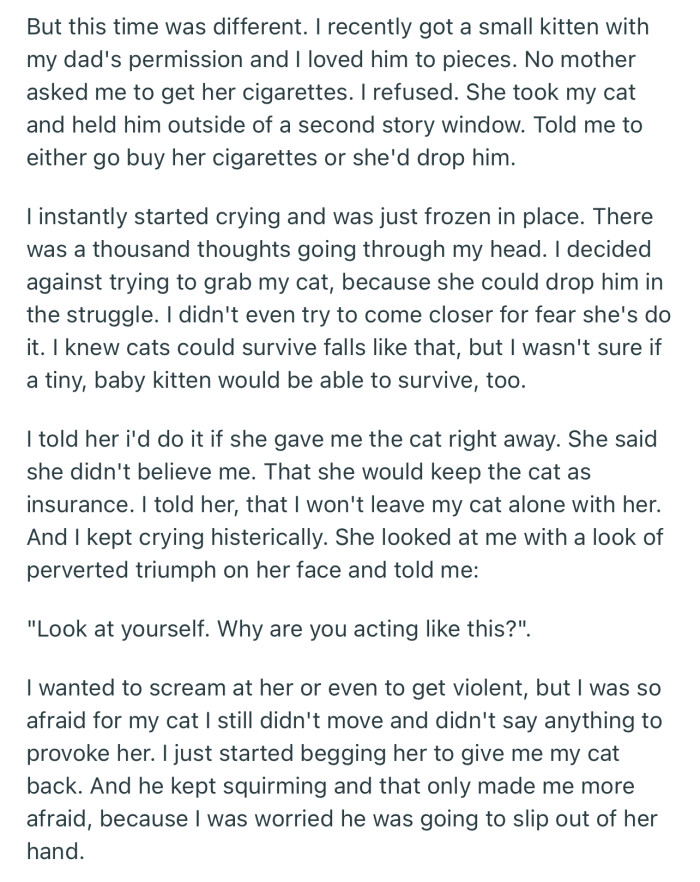 OP’s Mom Threatened to Throw Their Kitten Off a Two-Story Building Unless They Agreed to Buy Her Cigarettes