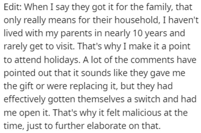 The Switch was for the household, but OP doesn't live there