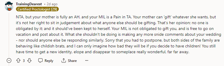 NTA, but your mother is fully an AH, and your MIL is a Pain in TA