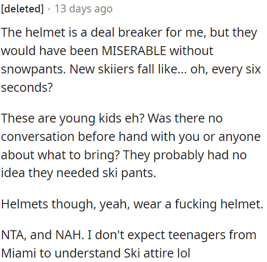 The helmet is crucial, but the lack of snow pants would also have been an issue, especially for new skiers prone to falling frequently.