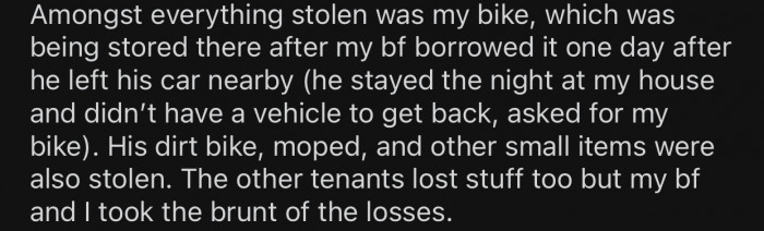 OP and her boyfriend lost more things than the other tenants.
