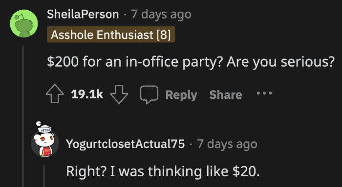 $20 is a reasonable amount to suggest, but no one should feel obligated to contribute at all