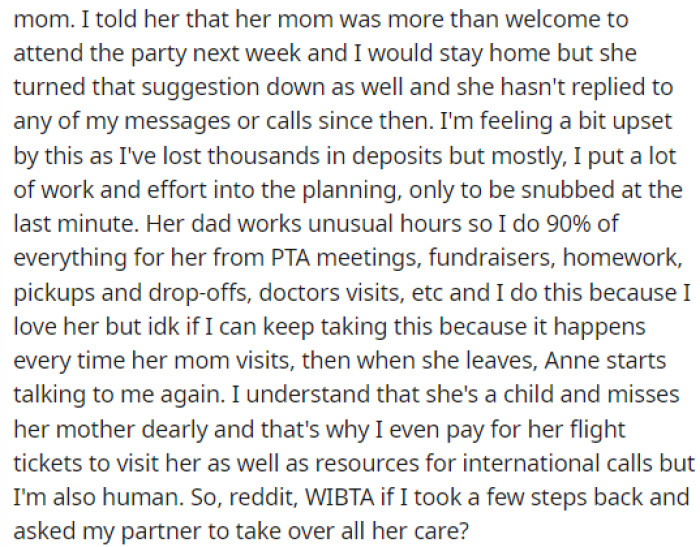 She did explain that she tried to allow a compromise with the daughter to have her mom there, even if OP did not attend.