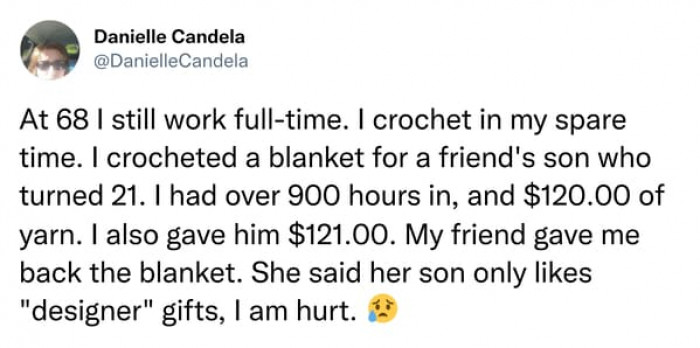This woman took her time to crochet a gift which was rejected