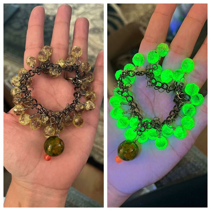 "Going Through Piles And Piles Of Vintage Jewelry To Help My Mom With Her Resell Biz And Found This Bracelet Made With Uranium Glass"